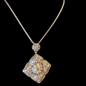 Lucerne Elegant Silver Floral Reversible Pendant Necklace With Crystals
